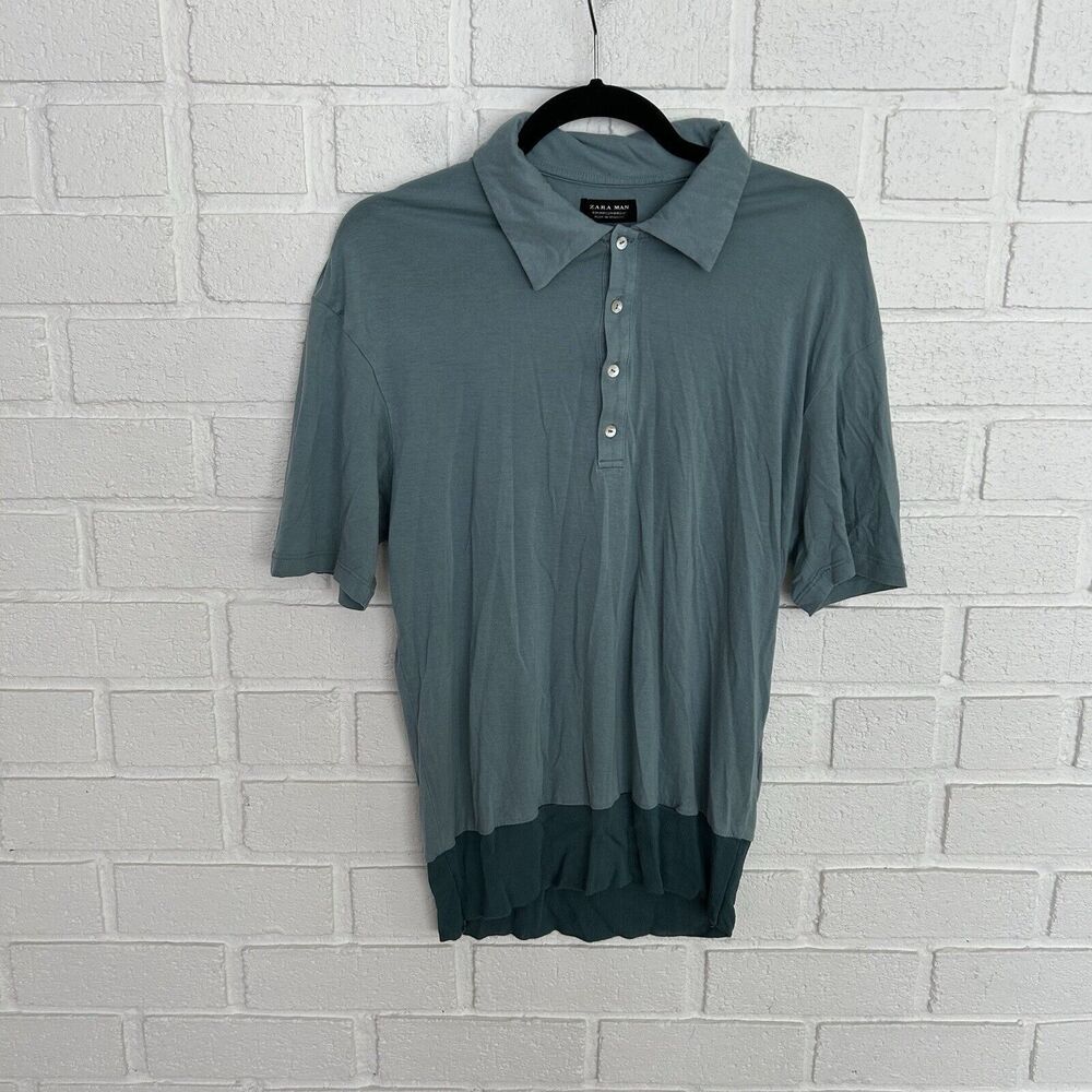 Zara Man Polo Shirt Mens Medium Blue Short Sleeve Lyocell Cotton Blend